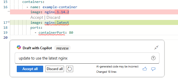 Screenshot showing the changes Microsoft Copilot in Azure made to the YAML file.