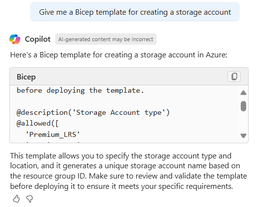 Screenshot of Copilot in Azure generating a Bicep template to create a storage account.