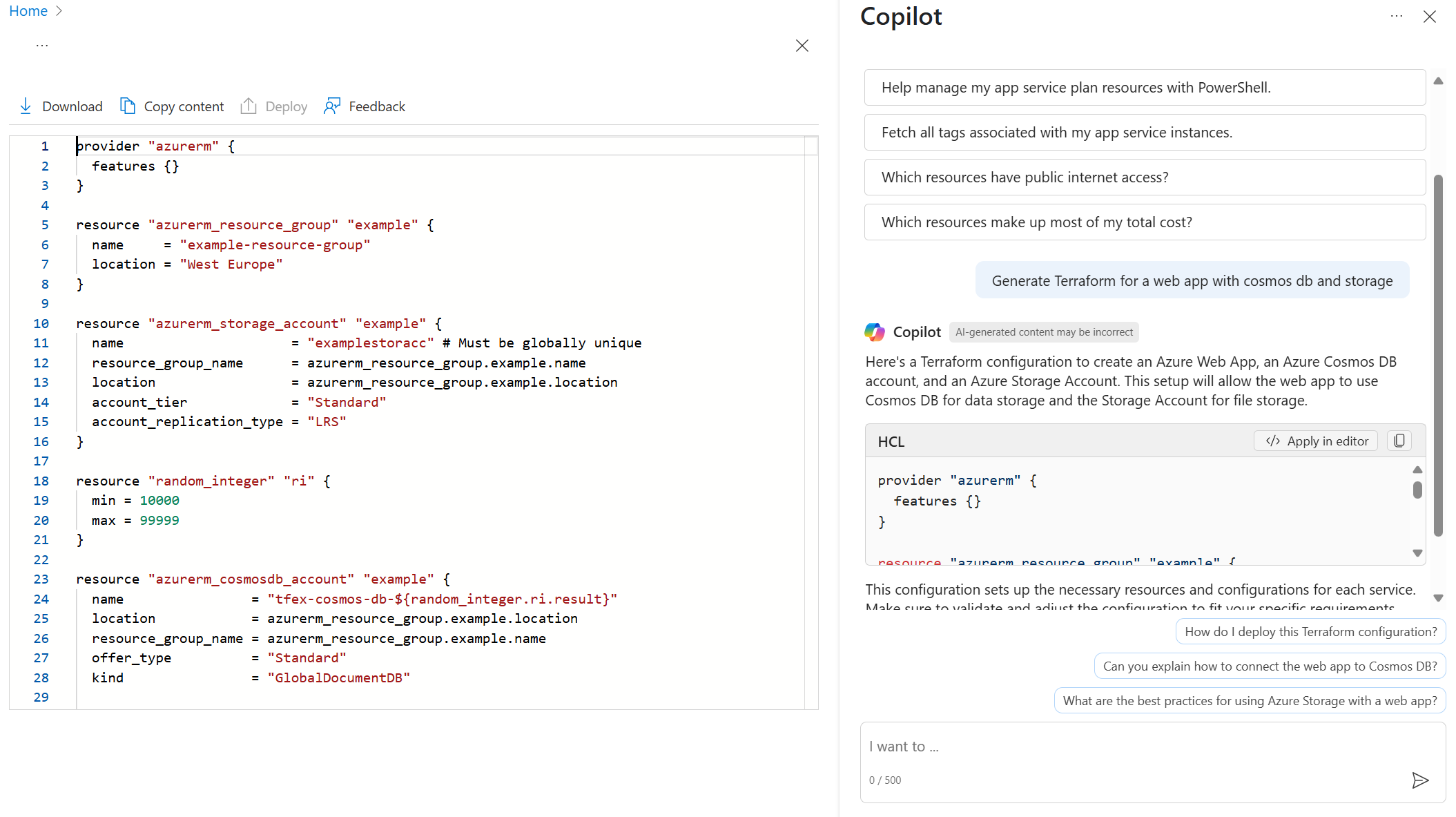 Screenshot of Copilot in Azure generating a Terraform configuration to create a web app.
