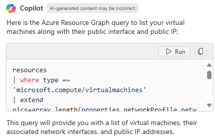 Screenshot of Microsoft Copilot in Azure responding to a request to list VMs.