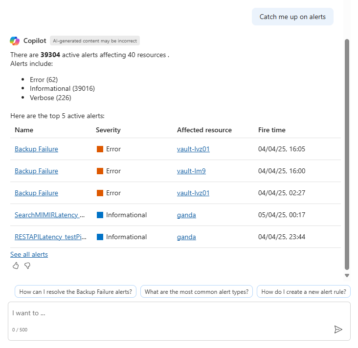 Screenshot of Copilot in Azure summarizing all active alerts.