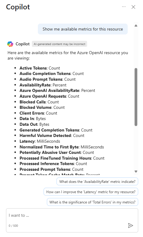 Screenshot of Copilot in Azure listing which metrics are available for a resource.