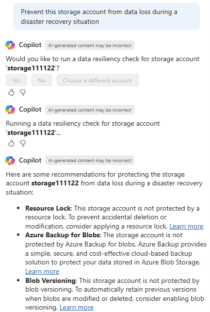 Screenshot showing Microsoft Copilot in Azure providing suggestions to improve storage account data resiliency.