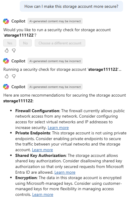 Screenshot showing Microsoft Copilot in Azure providing suggestions on storage account security best practices.