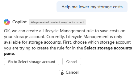 Screenshot of Microsoft Copilot in Azure responding to a request to lower storage costs.