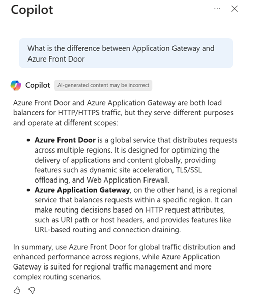Screenshot of Copilot in Azure describing the difference between Azure Application Gateway and Azure Front Door.