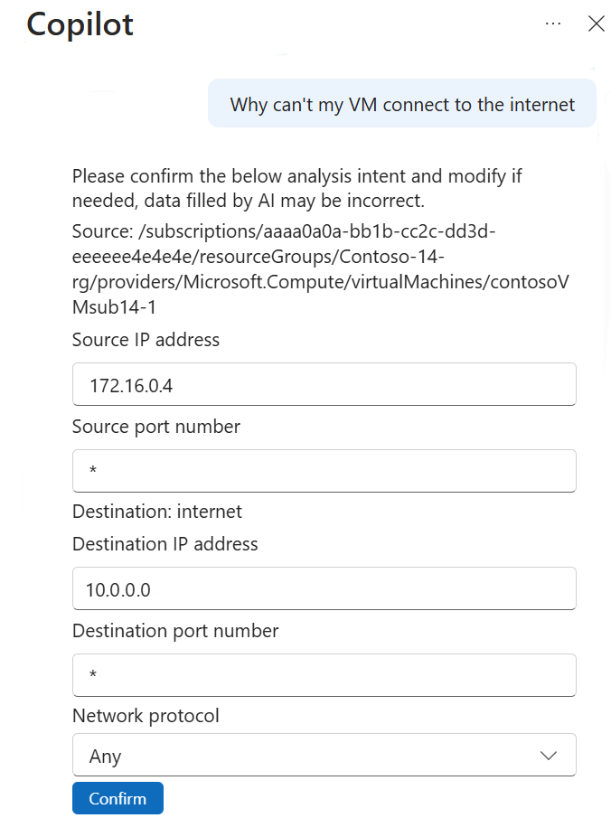 Screenshot of Copilot in Azure prompting for the internet destination IP address for troubleshooting.