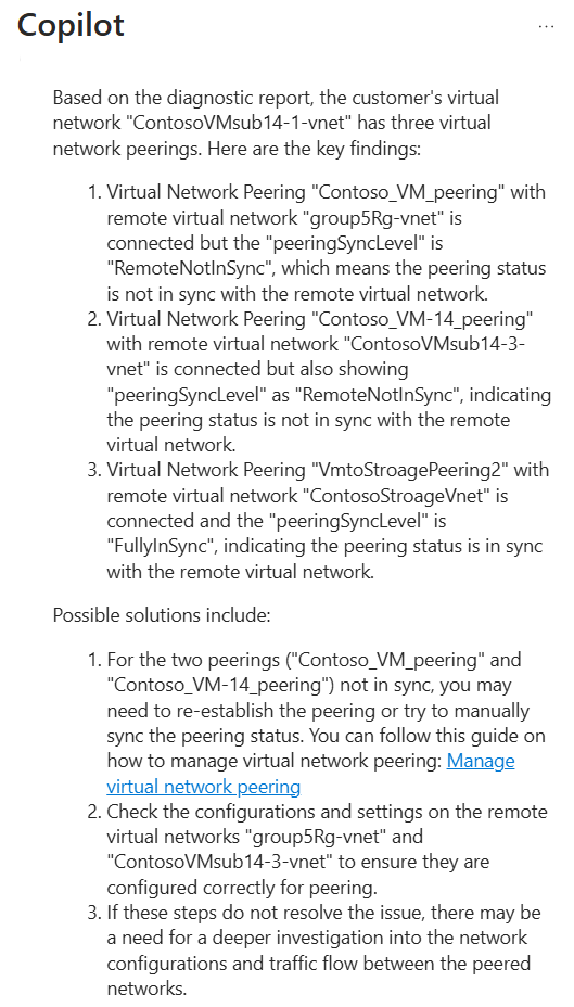 Screenshot of Copilot  in Azure analyzing the Virtual Network peering and displaying the findings.