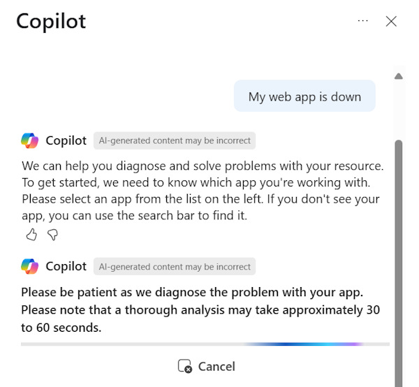 Screenshot of Copilot in Azure responding to a prompt that a web app is down.