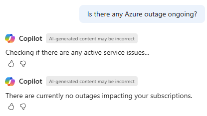 Screenshot of Microsoft Copilot in Azure checking for active service health issues.