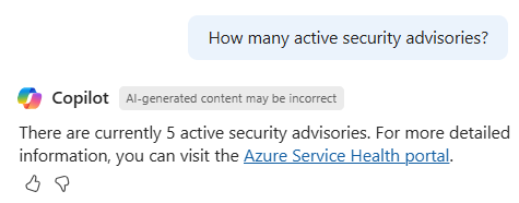 Screenshot of Microsoft Copilot in Azure checking about any security advisories.