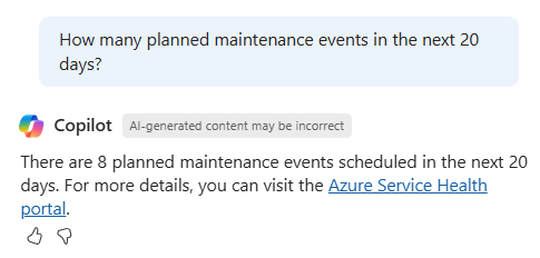 Screenshot of Microsoft Copilot in Azure checking if there are any planned maintenance events in the last 20 days.