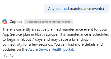 Screenshot of Microsoft Copilot in Azure checking if there are any planned maintenance events.