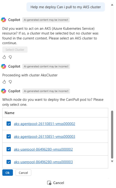 Screenshot of Copilot in Azure confirming the cluster and node on which to deploy CanIPull.