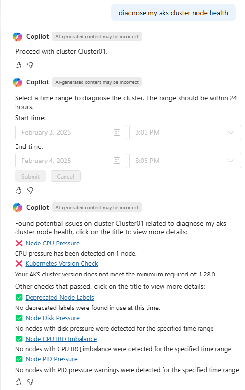 Screenshot of Copilot in Azure checking the health of an AKS cluster.