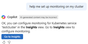 Screenshot showing Microsoft Copilot in Azure helping to configure monitoring on an AKS cluster.