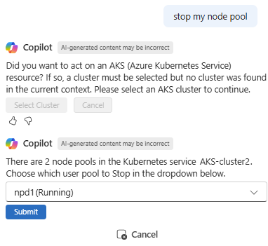 Screenshot showing Microsoft Copilot in Azure responding to a request to stop an AKS node pool.