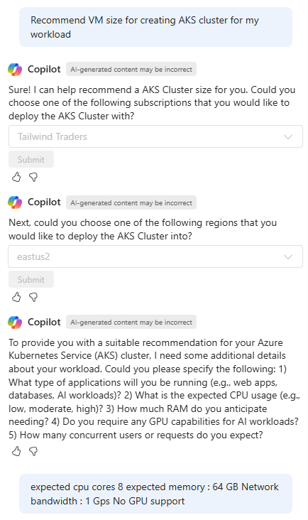 Screenshot of Copilot in Azure asking for information in order to recommend a VM size for an AKS cluster.