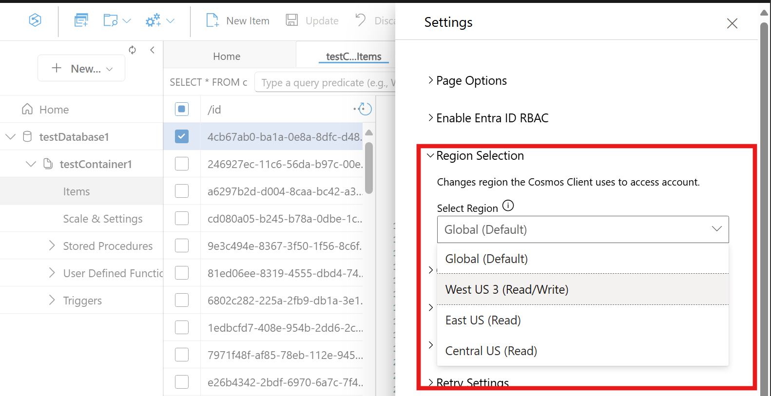 Screenshot of region selection menu with global option and two regional options.