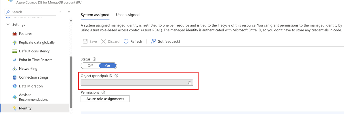 Screenshot of setting system-assigned or user-assigned managed identity.