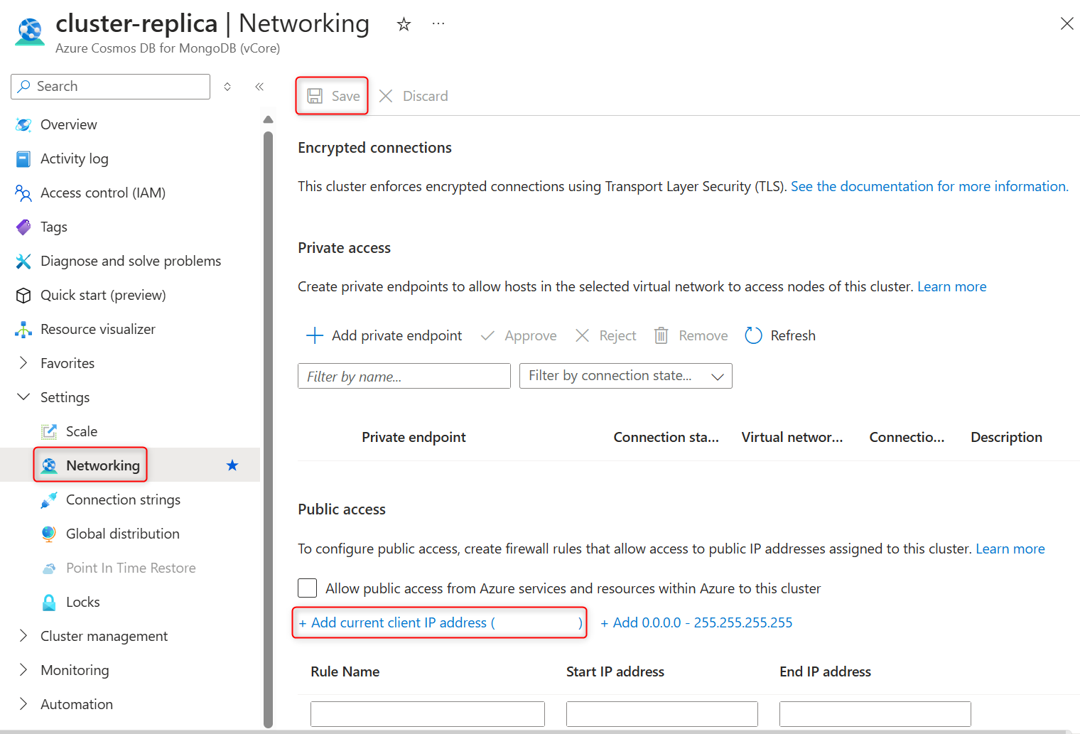 Screenshot of the networking page on read replica cluster.