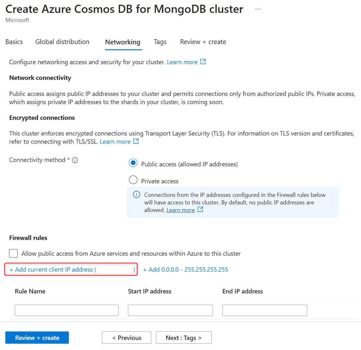 Screenshot of the networking settings for a cluster.