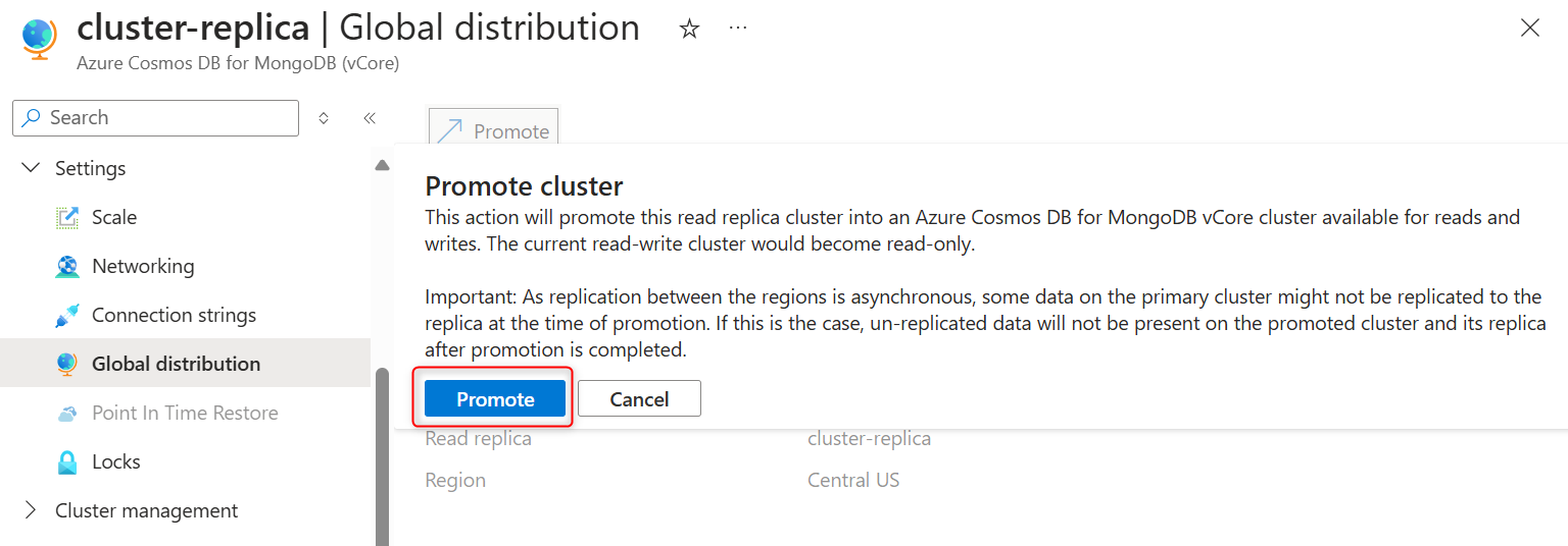 Screenshot of the read replica cluster global distribution page with the promote confirmation pop-up window.