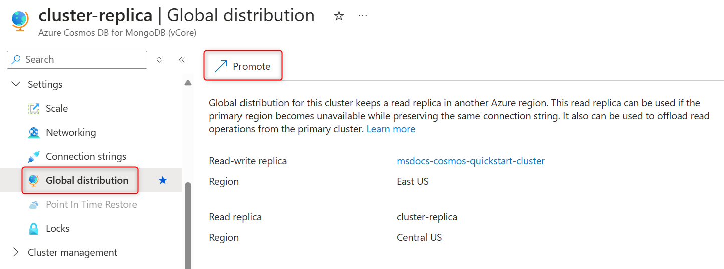 Screenshot of the read replica cluster global distribution page with the promote button.
