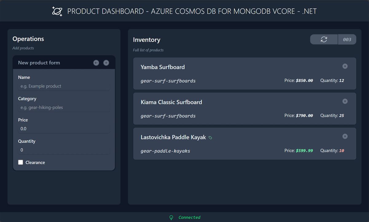 Screenshot of the running sample dashboard web application.
