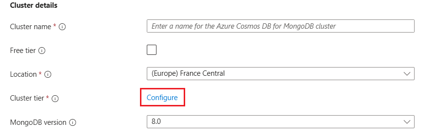 Screenshot of the 'configure cluster' option for a new Azure Cosmos DB for MongoDB cluster.