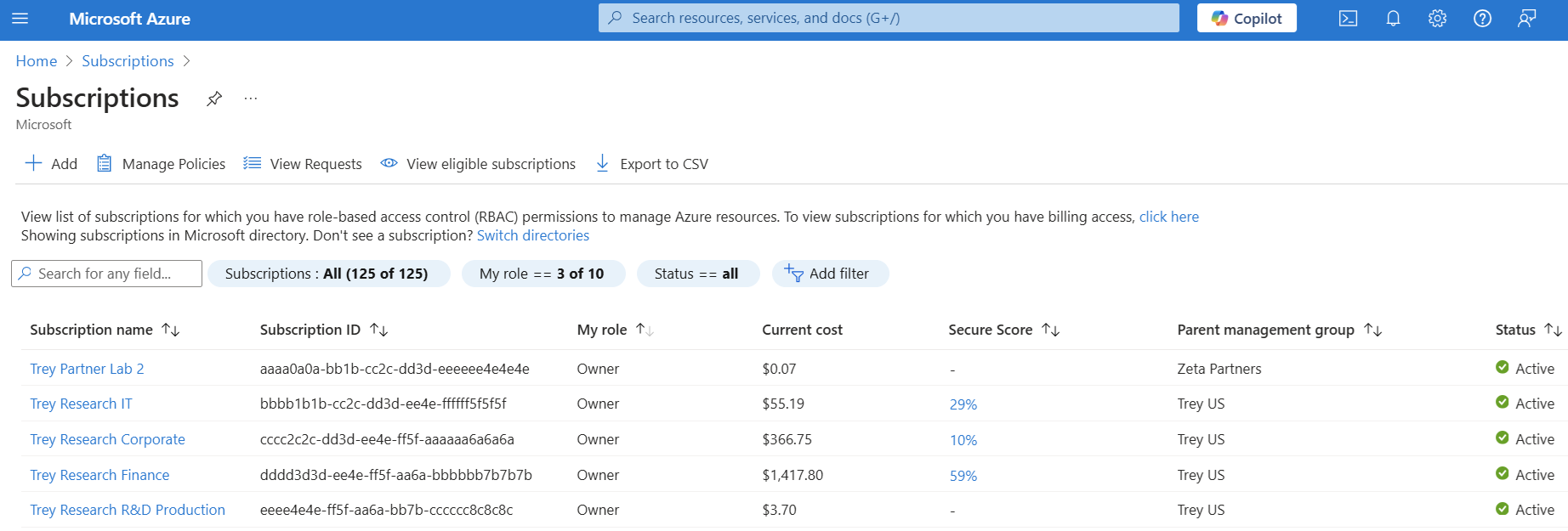 Screenshot showing the Subscriptions list.