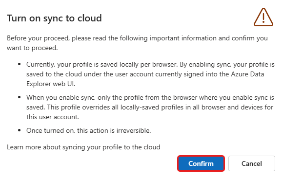 Screenshot of the Turn-on sync to cloud dialog box with the Confirm button highlighted.