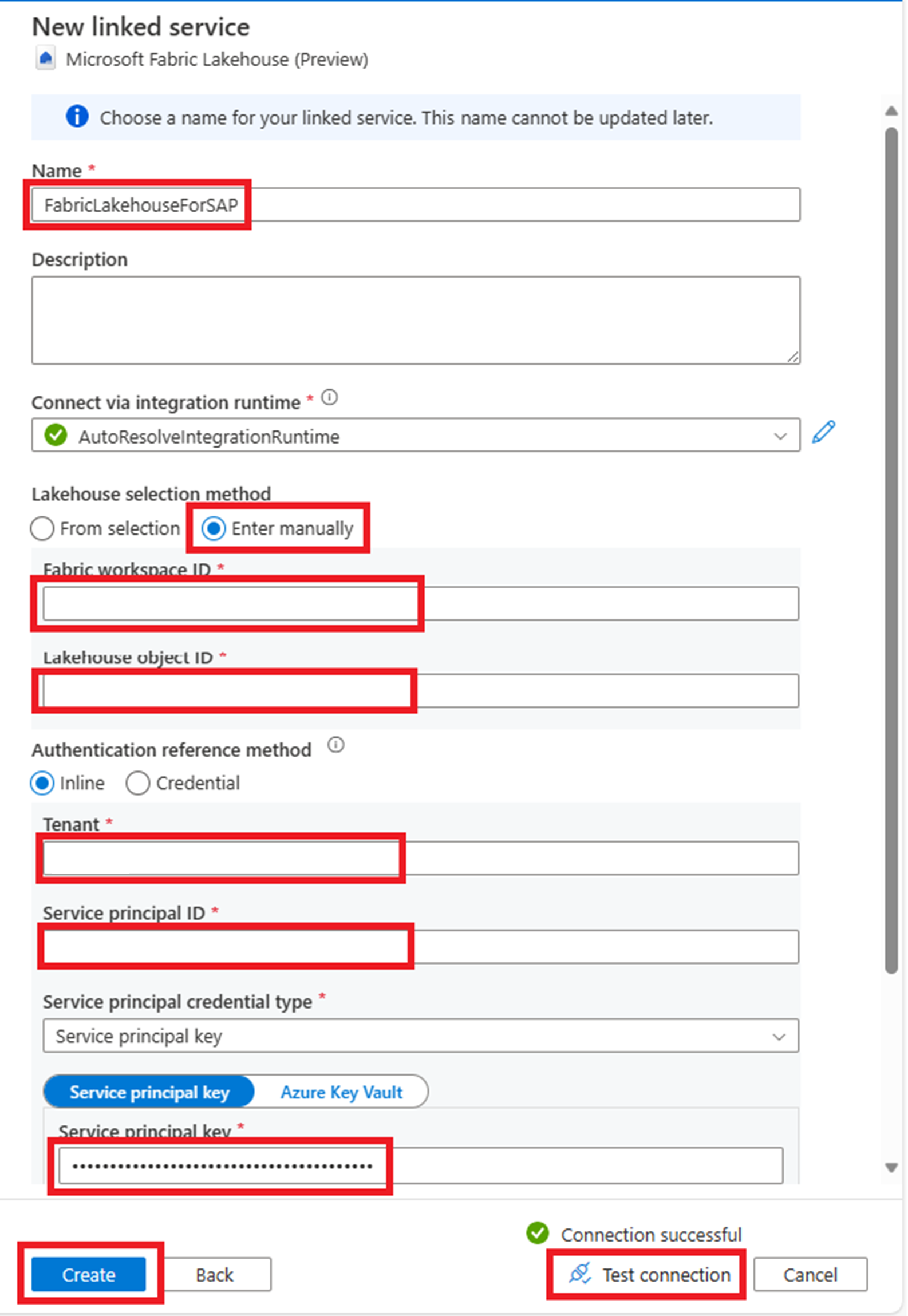 Screenshot showing the configuration of the Fabric Lakehouse linked service in ADF.