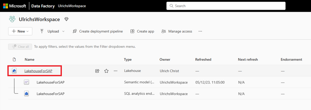 Screenshot showing where to navigate to the Fabric Lakehouse.