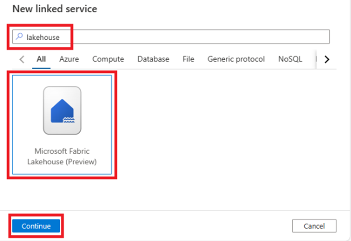 Screenshot showing how to find the Microsoft Fabric Lakehouse linked service.