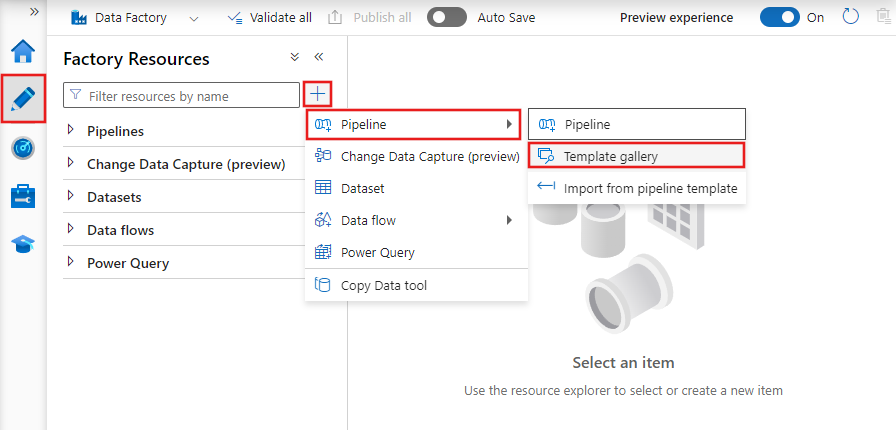 Screenshot showing where to choose a template in the ADF studio's Template gallery.
