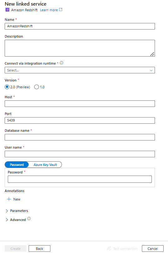 Configure a linked service to Amazon Redshift.