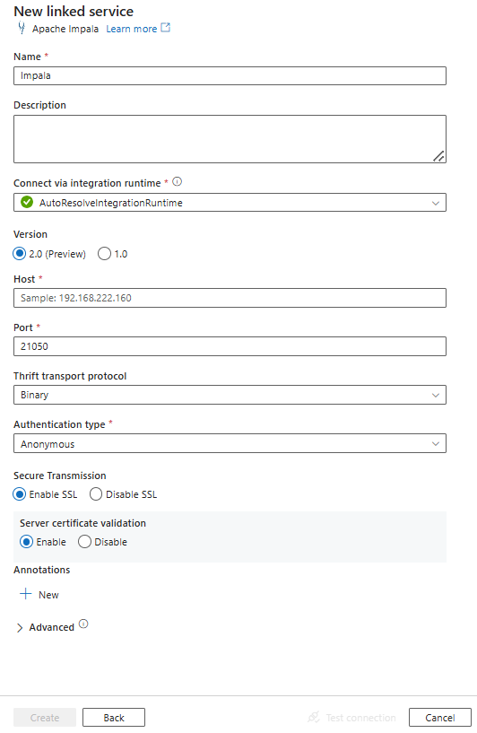 Screenshot of linked service configuration for Impala.