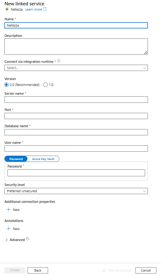 Screenshot of linked service configuration for Netezza.