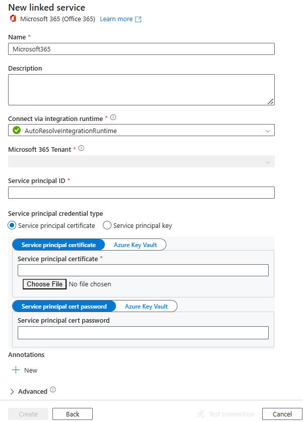 Screenshot of linked service configuration for Microsoft 365 (Office 365).