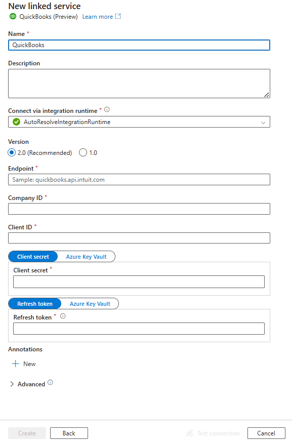 Screenshot of linked service configuration for QuickBooks.