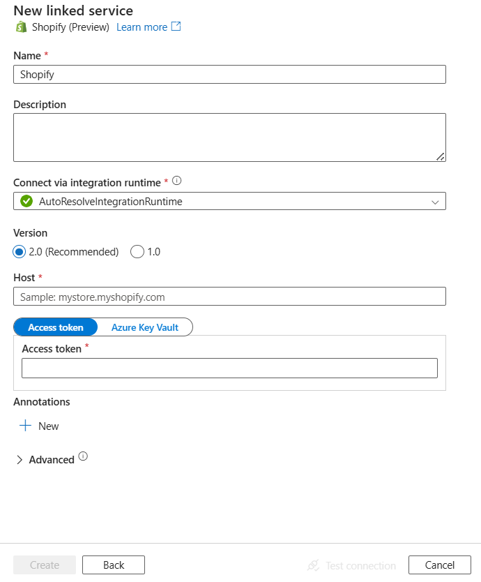 Screenshot of linked service configuration for Shopify.