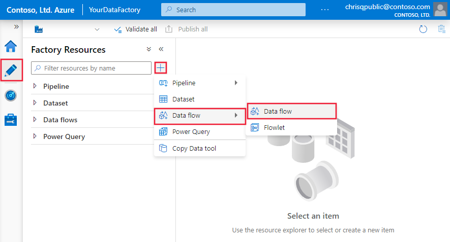 Screenshot that shows selections for creating an empty data flow directly.