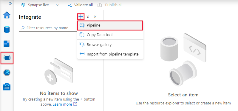 Screenshot that shows selections for creating an empty pipeline directly.