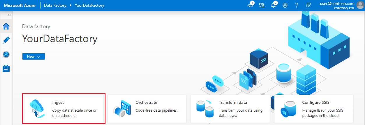 Screenshot that shows the page for a data factory and the Ingest tile in Azure Data Factory Studio.
