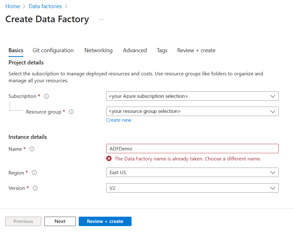 New data factory error message for duplicate name.