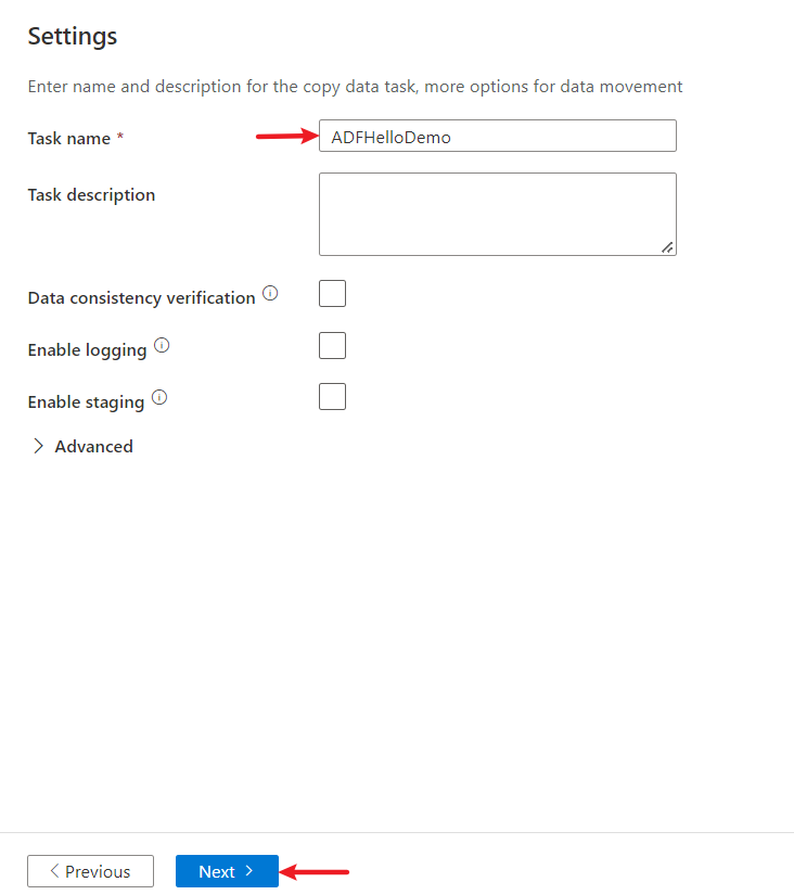 Screenshot that shows the Settings page of the Copy Data tool.