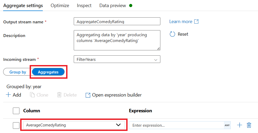 Screenshot that shows the year option in the Aggregates tab under Aggregate Settings.