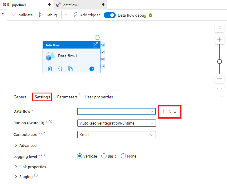 Screenshot showing how to open the data flow editor from the pipeline editor.