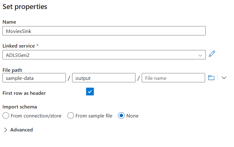 Screenshot of the sink creation page with first row as header selected.